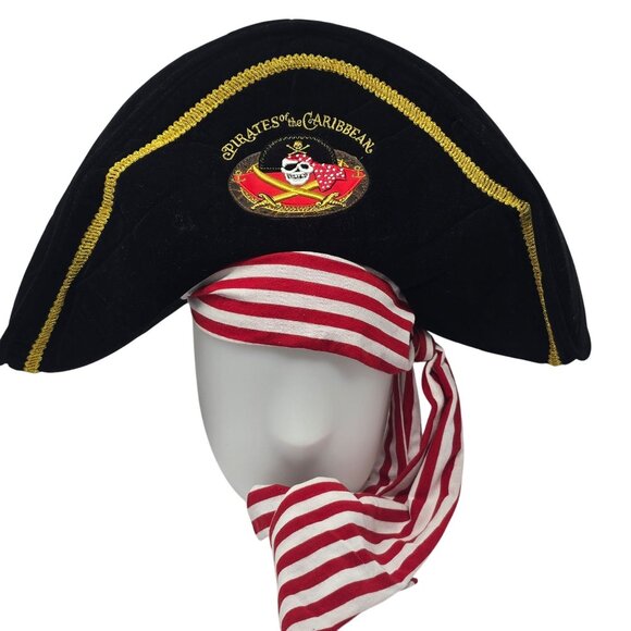 Pirates Of The Caribbean Adult Pirate Hat With Red Striped Bandana - Picture 1 of 5